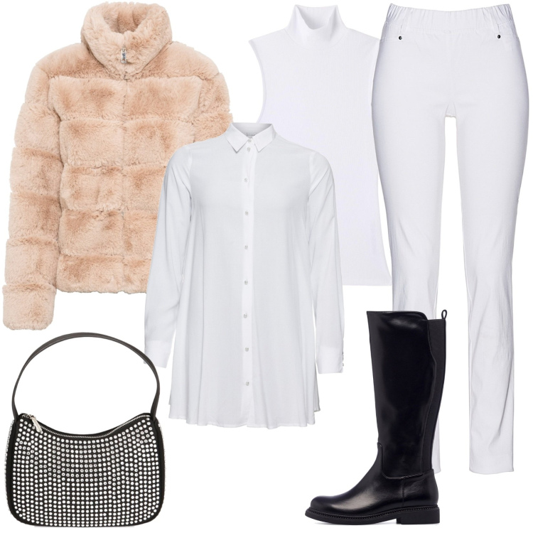 Outfit donna - Total look #1785309. Stile Casual per Scuola/Università. Abbinamento con pantaloni, ecopellicce, camicie, canottiere, borse a spalla, stivali.