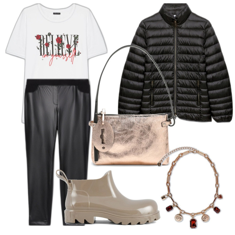 Outfit donna - Natale con stile curvy. Stile Casual chic per Serata fuori. Abbinamento con stivali, pantaloni skinny, piumini, t-shirt, borse a mano, collane.