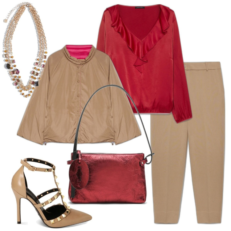 Outfit donna - Pronta per le feste. Stile Chic per Serata fuori. Abbinamento con décolleté, piumini, bluse, pantaloni, collane, borse a mano.