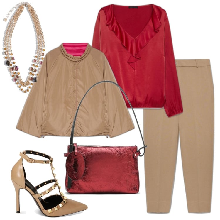 Outfit donna - Pronta per le feste. Stile Chic per Serata fuori. Abbinamento con décolleté, piumini, bluse, pantaloni, collane, borse a mano.