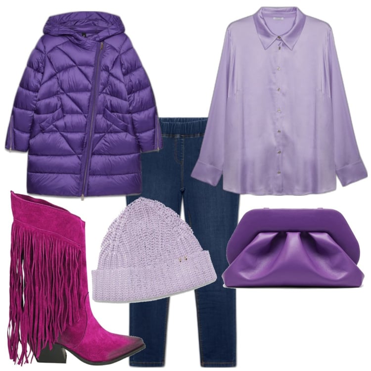 Outfit donna - Natale con stile curvy. Stile Trendy per Serata fuori. Abbinamento con stivali, camicie, jeggings, clutch, piumini, berretti.