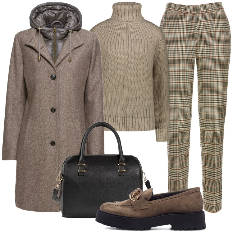 Outfit donna - Total look #1785336. Stile Casual per Ufficio. Abbinamento con cappotti, pantaloni, borse a mano, mocassini, maglieria.