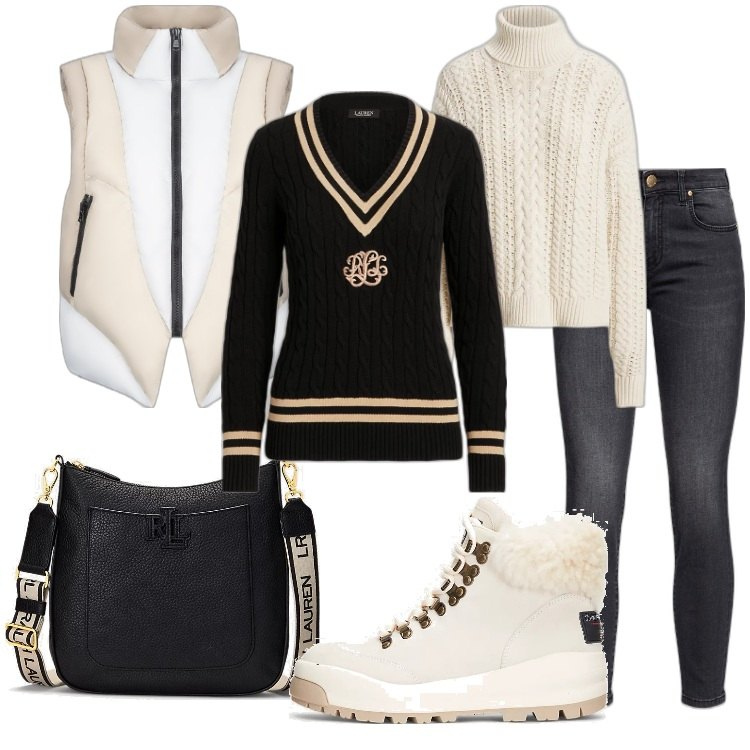Outfit donna - Uno chalet per due - Vacanze in montagna. Stile Casual per Tutti i giorni. Abbinamento con jeans, maglieria, maglieria, borse a tracolla, stivaletti, piumini.