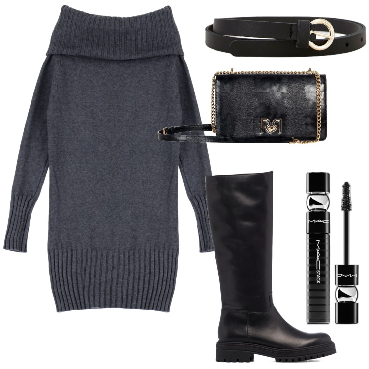 Outfit donna - Vestito in maglia curvy. Stile Trendy per Tutti i giorni. Abbinamento con mascara, borse a tracolla, vestiti corti, cinture, stivali.