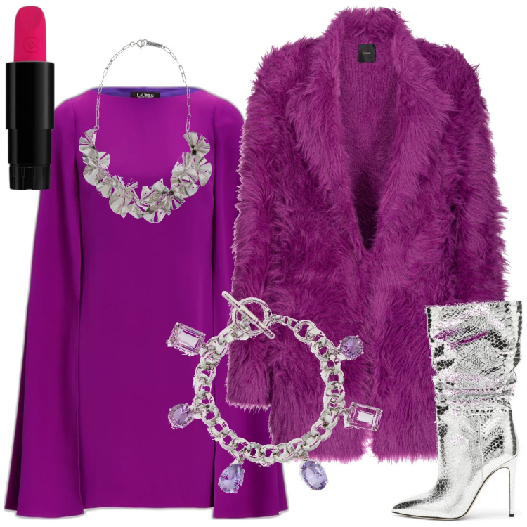 Outfit donna - Capodanno purple. Stile Glamour per Serata fuori. Abbinamento con rossetti, cappotti, vestiti, braccialetti, collane, stivali.