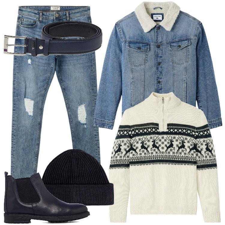Outfit uomo - Il Maglione norvegese. Stile Casual per Serata speciale. Abbinamento con maglieria, giacche, jeans strappati, cinture, stivali e stivaletti, berretti.