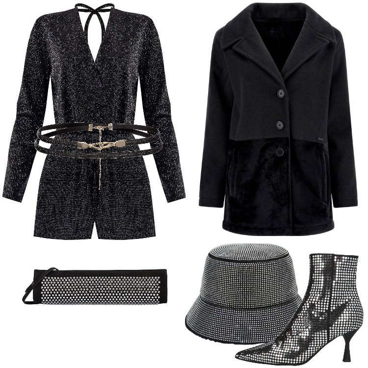 Outfit donna - All That Glitters-Dicembre. Stile Glamour per Serata fuori. Abbinamento con stivaletti, cinture, tuta corta, cappotti, cappelli, borse a spalla.