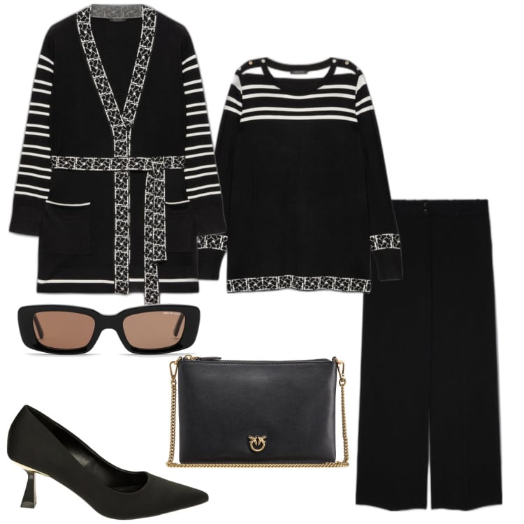 Outfit donna - Black and white. Stile Casual per Serata fuori. look ideale per Tall. Abbinamento con borse a tracolla, décolleté, cardigans, maglieria, pantaloni, occhiali da sole.