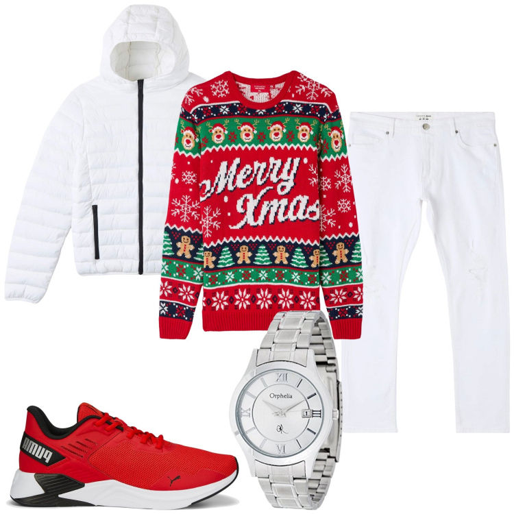 Outfit uomo - Bianco Natale e .... Stile Casual per Tutti i giorni. Abbinamento con jeans strappati, cappotti, maglieria, sneakers, orologi.