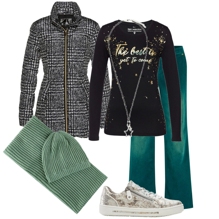 Outfit donna - Capodanno in piazza. Stile Sporty chic per Serata fuori. Abbinamento con pantaloni, maglieria, giacche, collane, sneakers, foulard.