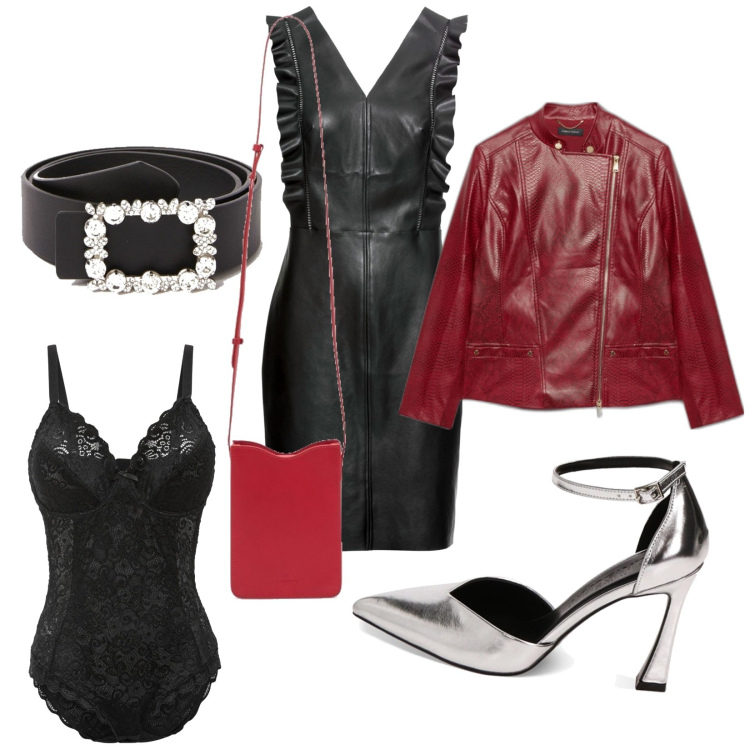 Outfit donna - Tocco di pelle. Stile Rock per Serata fuori. Abbinamento con body, vestiti, décolleté, cappotti, borse a tracolla, cinture.