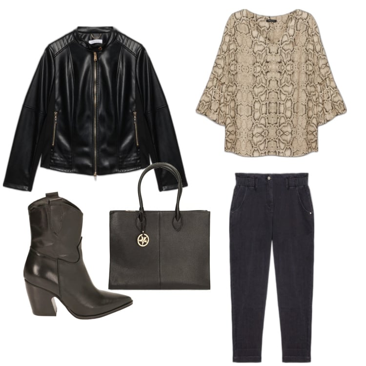 Outfit donna - Passeggiata in città. Stile Rock Abbinamento con stivaletti texani, borse a spalla, bluse, jeans, cappotti.