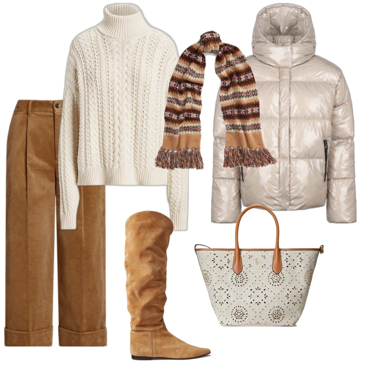 Outfit donna - In montagna con stile. Stile Casual chic per Tutti i giorni. Abbinamento con pantaloni culotte, stivali sopra il ginocchio, sciarpe, maglieria, borse tote, blazer.