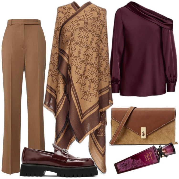 Outfit donna - Violet Noir. Stile Glamour per Serata fuori. Abbinamento con profumi, cappotti, camicie, clutch, mocassini, pantaloni.