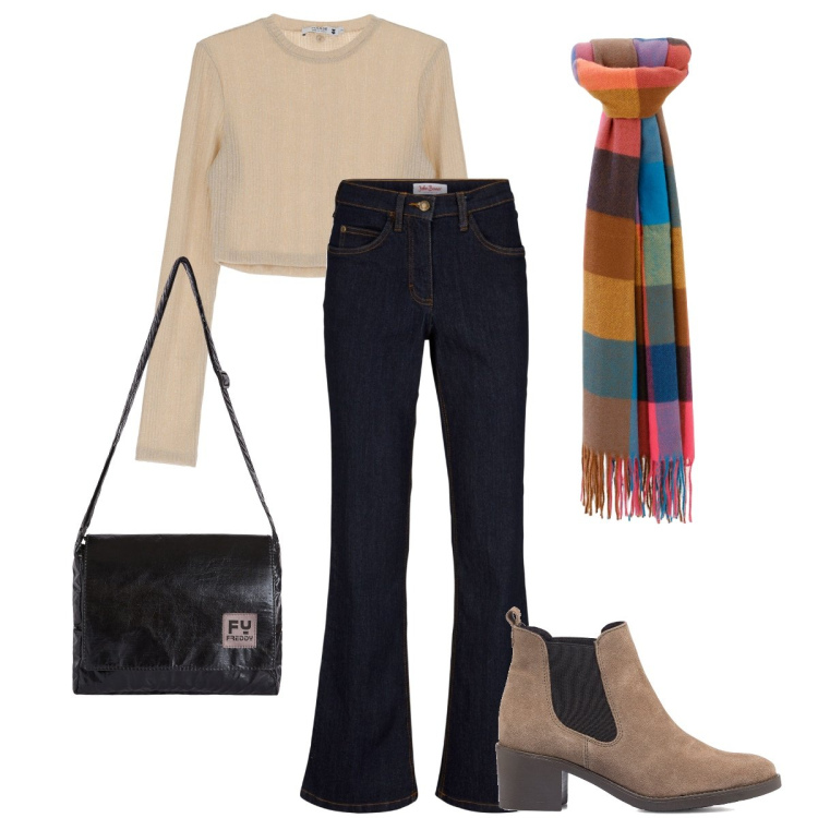 Outfit donna - Shopping natalizio. Stile Basic per Tutti i giorni. Abbinamento con jeans bootcut, top, sciarpe, borse a tracolla, stivaletti.