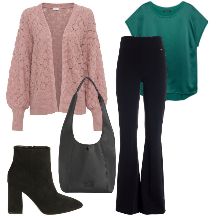 Outfit donna - Il cardigan rosa antico. Stile Casual chic per Tutti i giorni. Abbinamento con cardigans, pantaloni, borse a spalla, stivaletti, bluse.