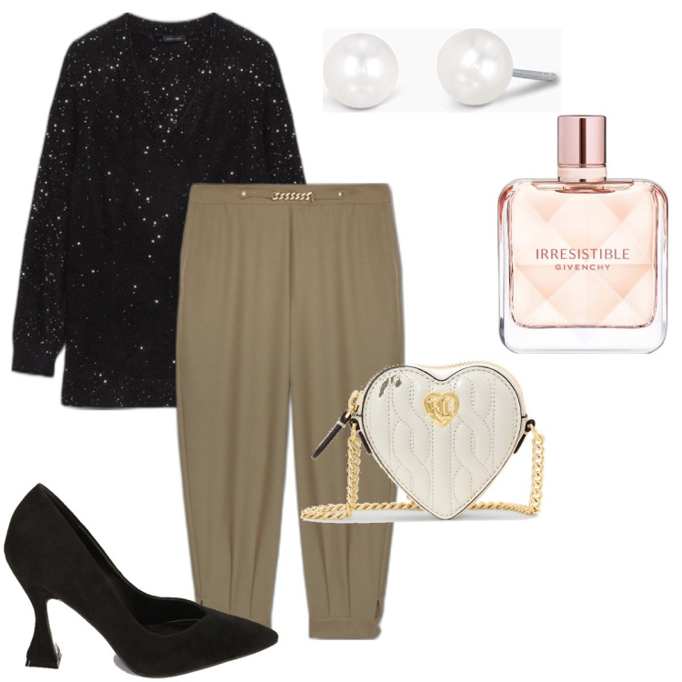 Outfit donna - La borsetta a cuore. Stile Glamour per Serata fuori. Abbinamento con profumi, orecchini, décolleté, pochette, jeans, maglieria.
