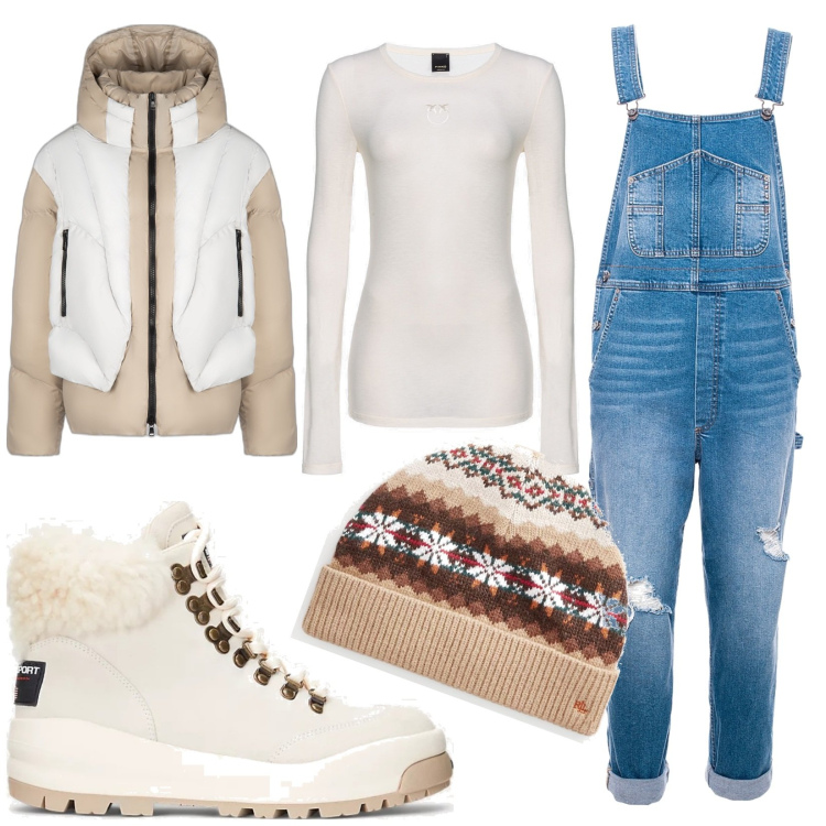 Outfit donna - Total look #1785516. Stile Casual per Tutti i giorni. Abbinamento con maglieria, salopette, stivaletti, berretti, piumini.