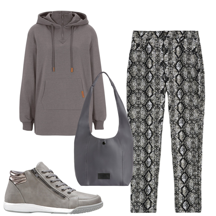 Outfit donna - Pratica in città. Stile Casual per Tutti i giorni. Abbinamento con sneakers alte, felpe con cappuccio, borse a spalla, jeans skinny.