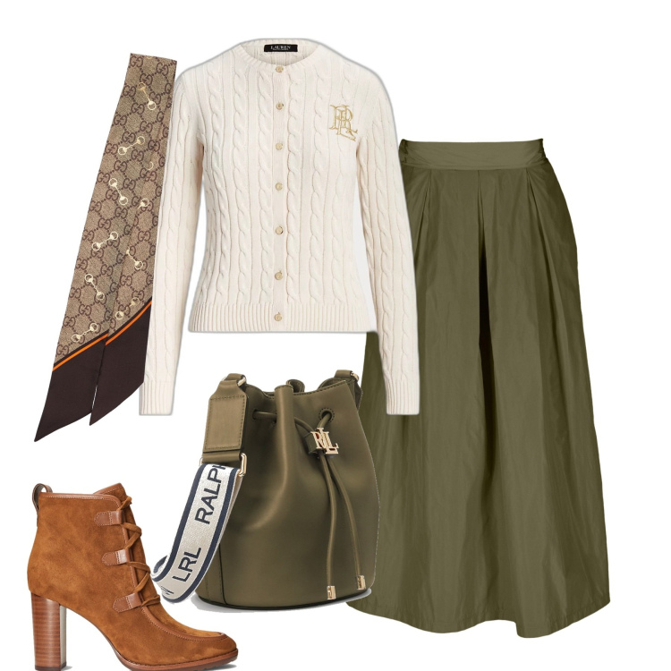 Outfit donna - City. Stile Glamour per Tutti i giorni. Abbinamento con cardigans, stivaletti, borse a secchiello, foulard, gonne.