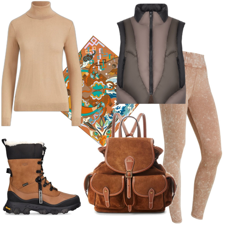 Outfit donna - Sportiva. Stile Casual per Tutti i giorni. Abbinamento con pantaloni, zaini, maglieria, piumini, stivali, foulard.