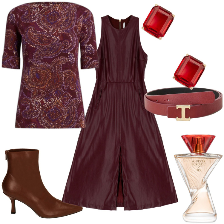 Outfit donna - Ecopelle. Stile Trendy per Tutti i giorni. Abbinamento con profumi, vestiti midi/longuette, cinture, stivaletti, maglieria, orecchini.