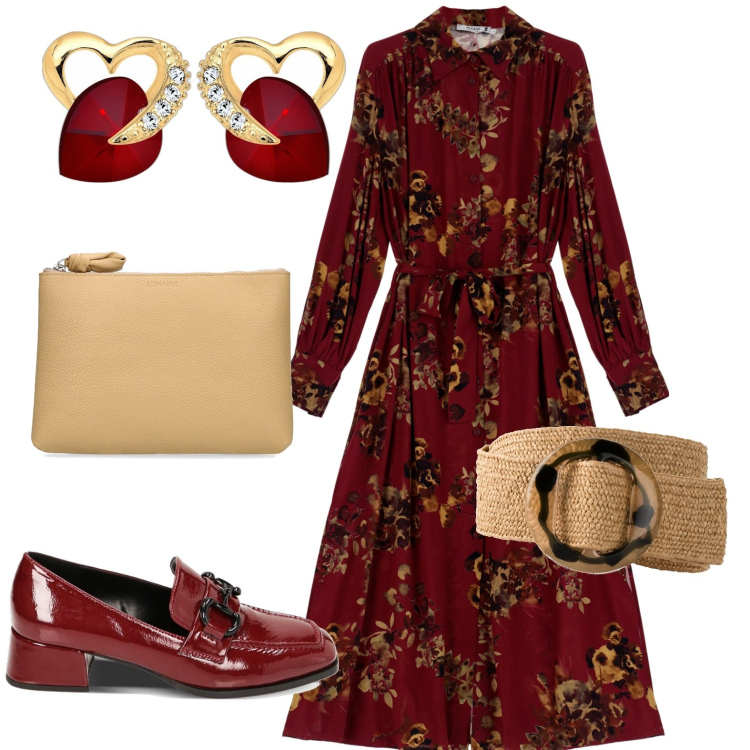 Outfit donna - Natalizio. Stile Chic per Serata fuori. Abbinamento con cinture, vestiti midi/longuette, mocassini, orecchini, pochette.