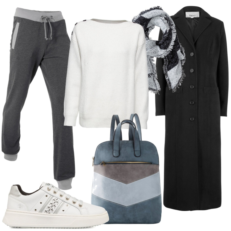 Outfit donna - Comoda di giorno. Stile Casual per Tutti i giorni. Abbinamento con pantaloni sportivi, maglieria, cappotti, sciarpe, zaini, sneakers.