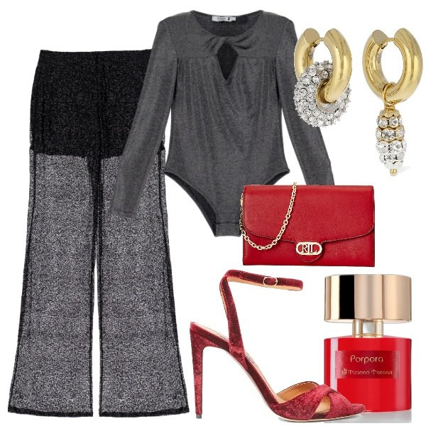 Outfit donna - Brillante. Stile Chic per Serata fuori. Abbinamento con profumi, body, pantaloni, borse a tracolla, sandali col tacco, orecchini.