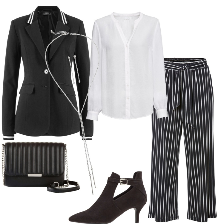 Outfit donna - Total look #1785552. Stile Chic per Serata fuori. Abbinamento con blazer, camicie, pantaloni culotte, stivaletti, collane, borse a tracolla.