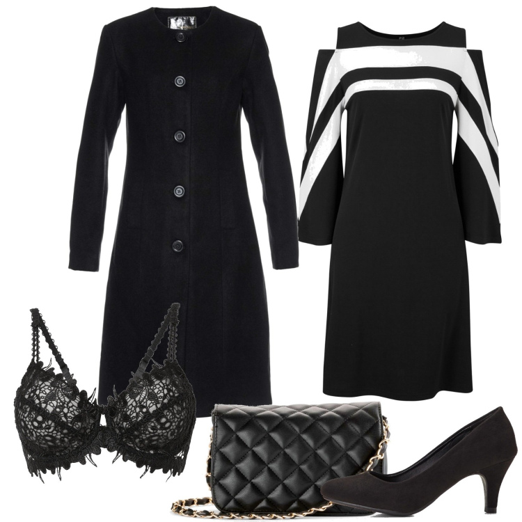 Outfit donna - Total look #1785555. Stile Chic per Serata fuori. Abbinamento con borse a tracolla, décolleté, vestiti, cappotti, reggiseni.