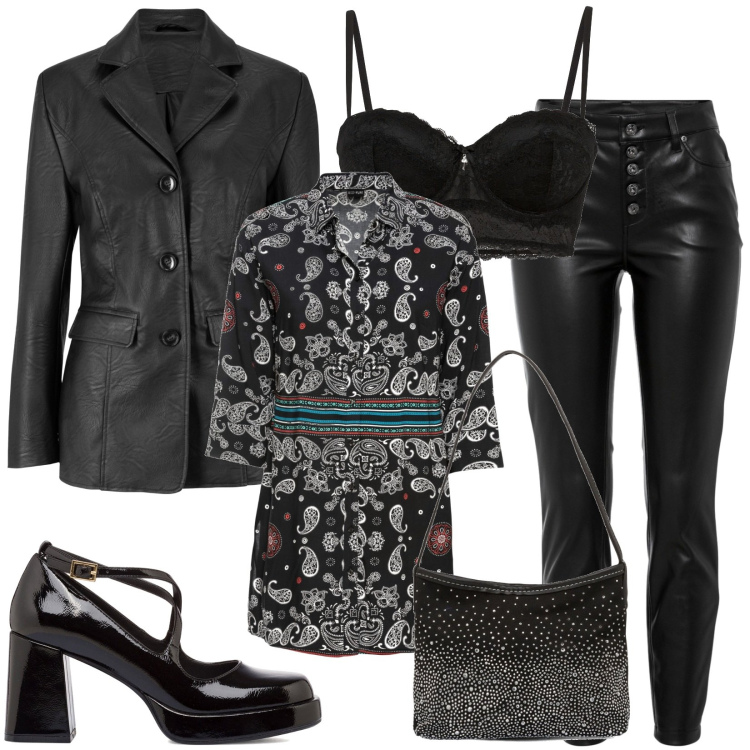 Outfit donna - Total look #1785574. Stile Rock per Serata fuori. Abbinamento con camicie, reggiseni a balconcino, pantaloni, blazer, décolleté, clutch.