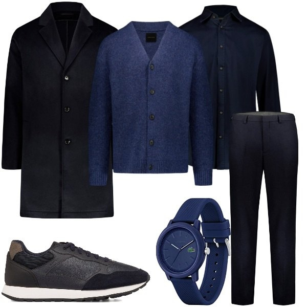 Outfit uomo - Total blu. Stile Business/Elegante per Tutti i giorni. Abbinamento con sneakers, pantaloni, camicie, cardigans, cappotti, orologi analogici.