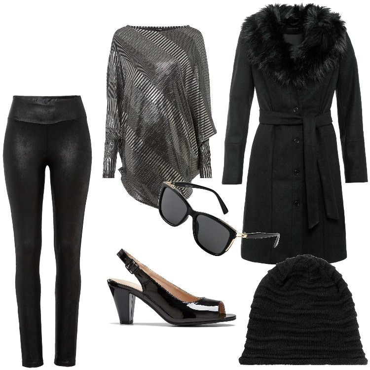 Outfit donna - I Leggings lucidi-Dicembre. Stile Rock per Serata fuori. Abbinamento con berretti, occhiali da sole, maglieria, leggings, cappotti, décolleté.