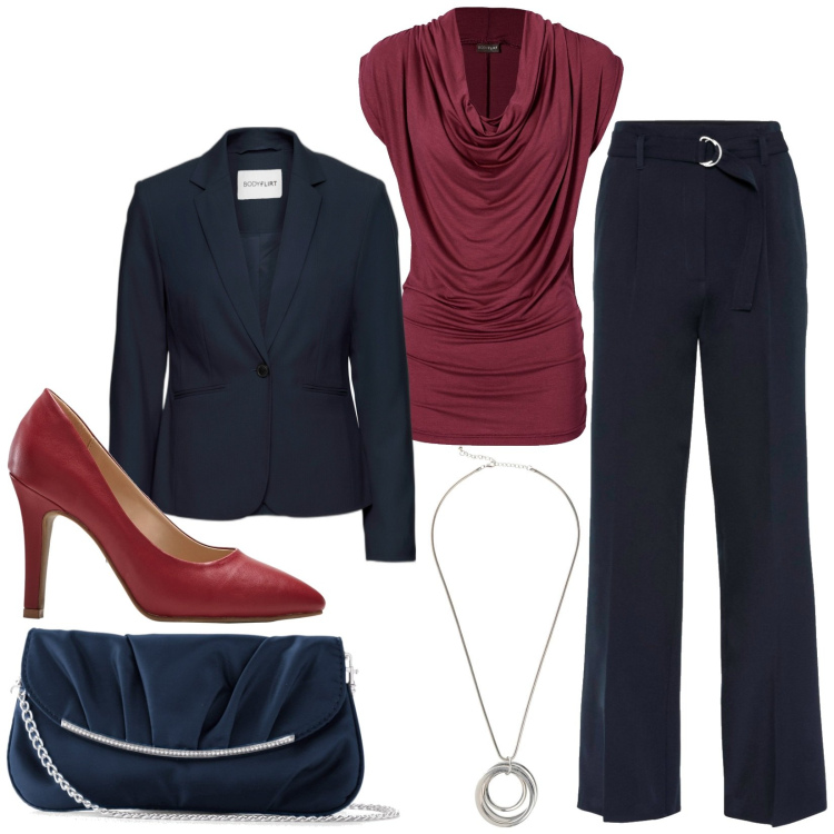 Outfit donna - Elegante. Stile Bon Ton per Serata fuori. Abbinamento con blazer, pochette, pantaloni, maglieria, décolleté, collane.