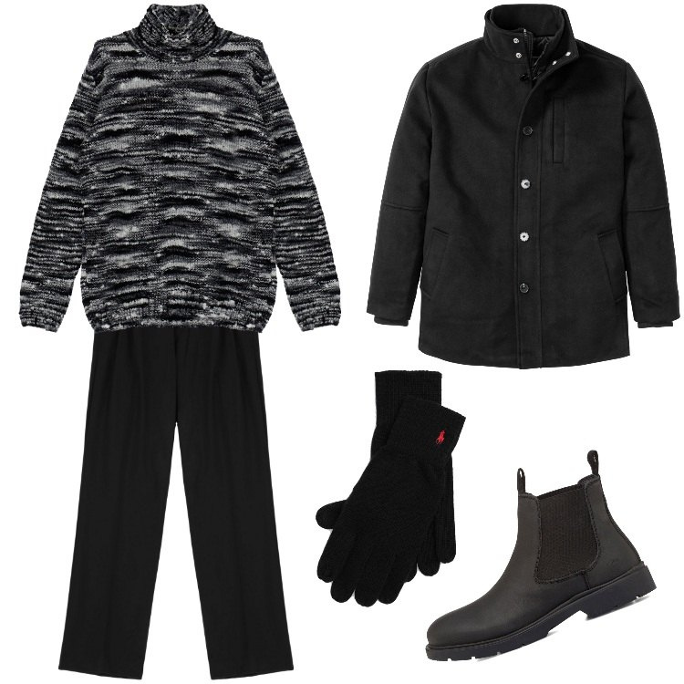 Outfit uomo - Guanti touch in maglia con pony-Dicembre. Stile Casual per Serata speciale. Abbinamento con giacche, pantaloni, maglieria, guanti, stivali e stivaletti.