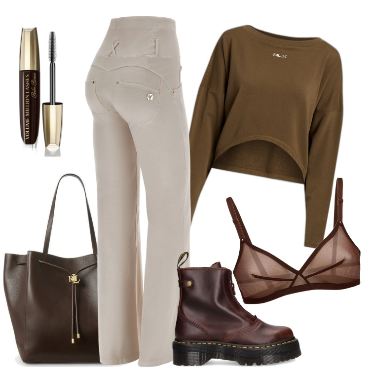 Outfit donna - Faccio pilates e lo mostro. Stile Casual per Tutti i giorni. Abbinamento con mascara, pantaloni, borse tote, pullovers, reggiseni, stivaletti.