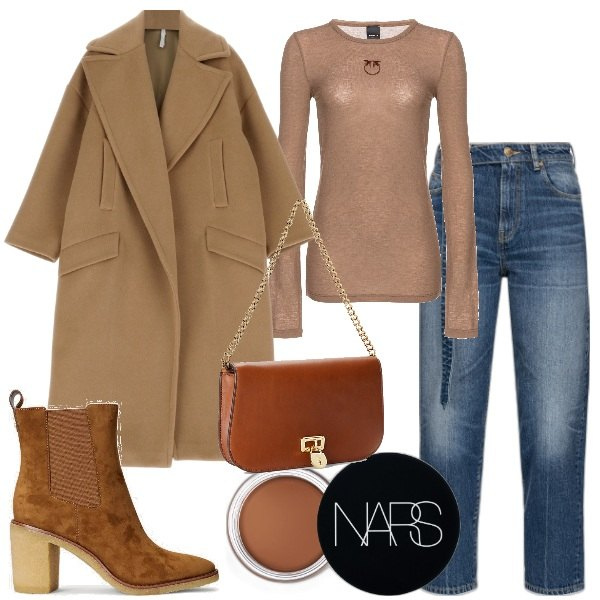 Outfit donna - Il bel cappotto sciallato. Stile Bon Ton per Tutti i giorni. Abbinamento con correttori, maglieria, jeans, cappotti, stivaletti chelsea, borse a spalla.