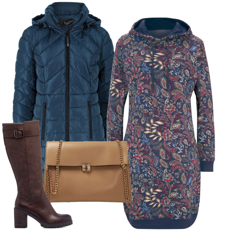 Outfit donna - L\'abito felpa. Stile Bon Ton per Tutti i giorni. Abbinamento con vestiti, cappotti, borse a spalla, stivali sopra il ginocchio.