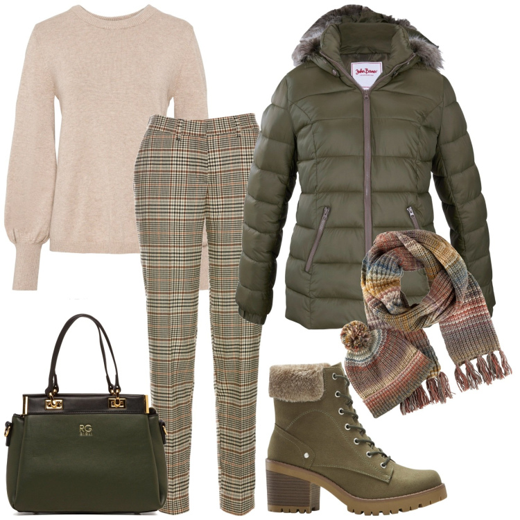 Outfit donna - Verde e Rosa. Stile Casual chic per Tutti i giorni. Abbinamento con maglieria, sciarpe, piumini, stivaletti, pantaloni, borse a spalla.