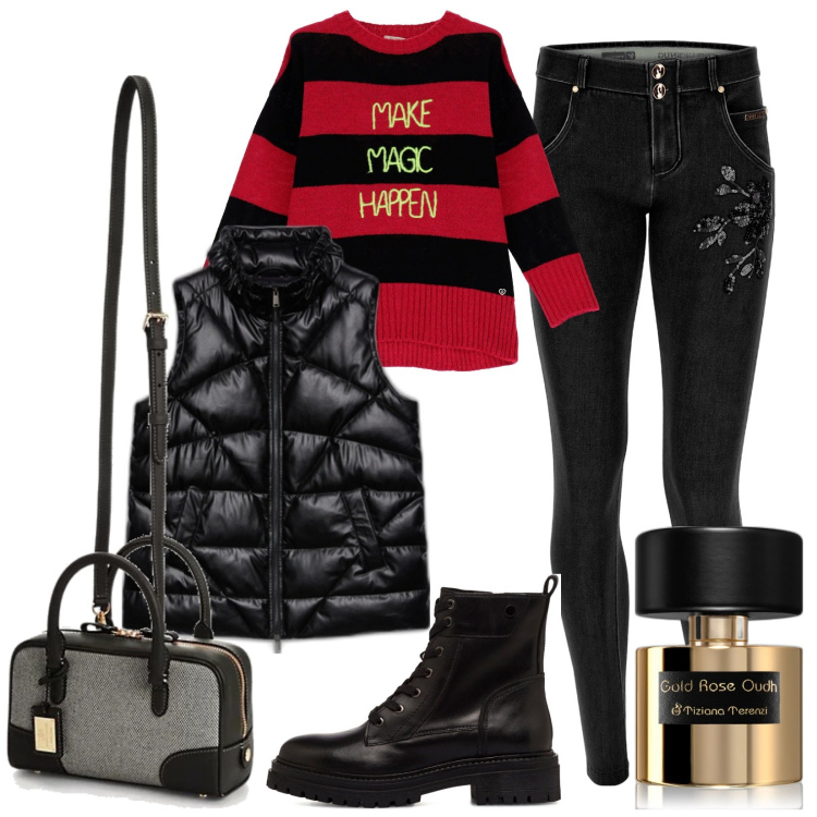 Outfit donna - Shopping natalizio. Stile Casual chic per Tutti i giorni. look ideale per Petite. Abbinamento con profumi, maglieria, jeans skinny, borse a mano, anfibi, piumini.