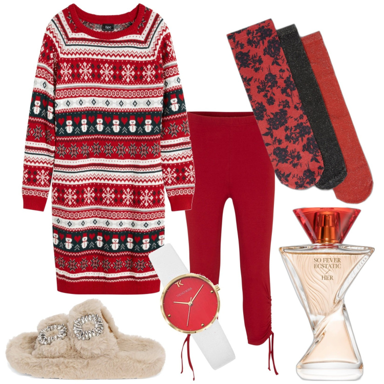Outfit donna - Idea regalo per natale. Stile Casual chic per Tutti i giorni. Abbinamento con vestiti, leggings, profumi, ciabatte, top, orologi analogici.