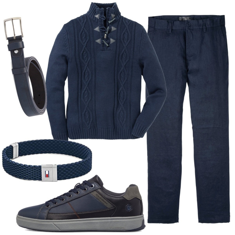 Outfit uomo - Blu. Stile Casual per Ufficio. Abbinamento con pantaloni, maglieria, sneakers, cinture, braccialetti.