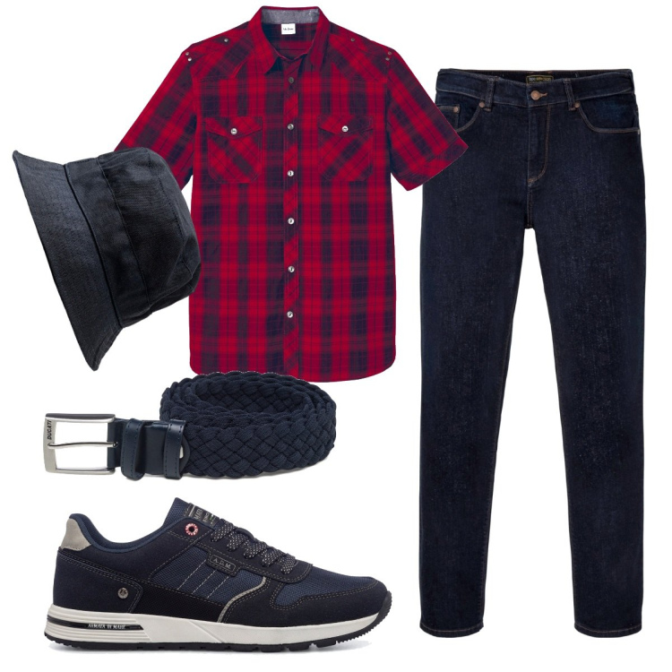 Outfit uomo - In campagna. Stile Casual per Tutti i giorni. Abbinamento con jeans dritti, camicie a manica corta, sneakers, cinture, cappelli.