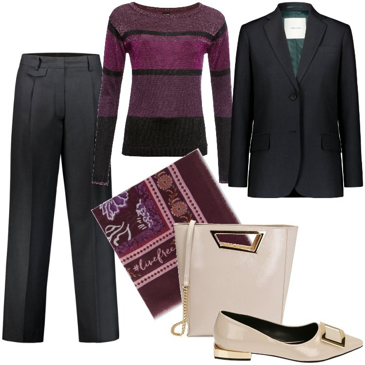 Outfit donna - Il Maglione a righe con lurex-Dicembre. Stile Mannish per Serata fuori. Abbinamento con maglieria, ballerine, borse a mano, pantaloni, blazer, foulard.