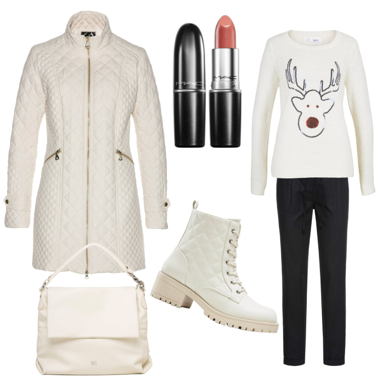 Outfit donna - My cozy Christmas. Stile Casual per Tutti i giorni. Abbinamento con blazer, pantaloni, stivaletti, maglieria, rossetti, borse a spalla.