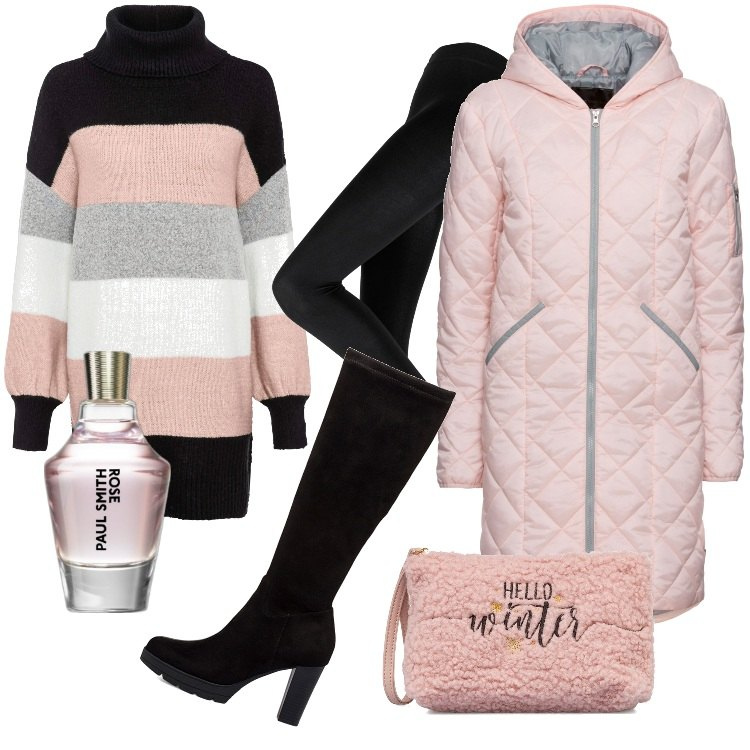 Outfit donna - Rose, dolce fragranza floreale-Dicembre. Stile Romantica per Tutti i giorni. Abbinamento con maglieria, leggings, blazer, profumi, stivali sopra il ginocchio, pochette.