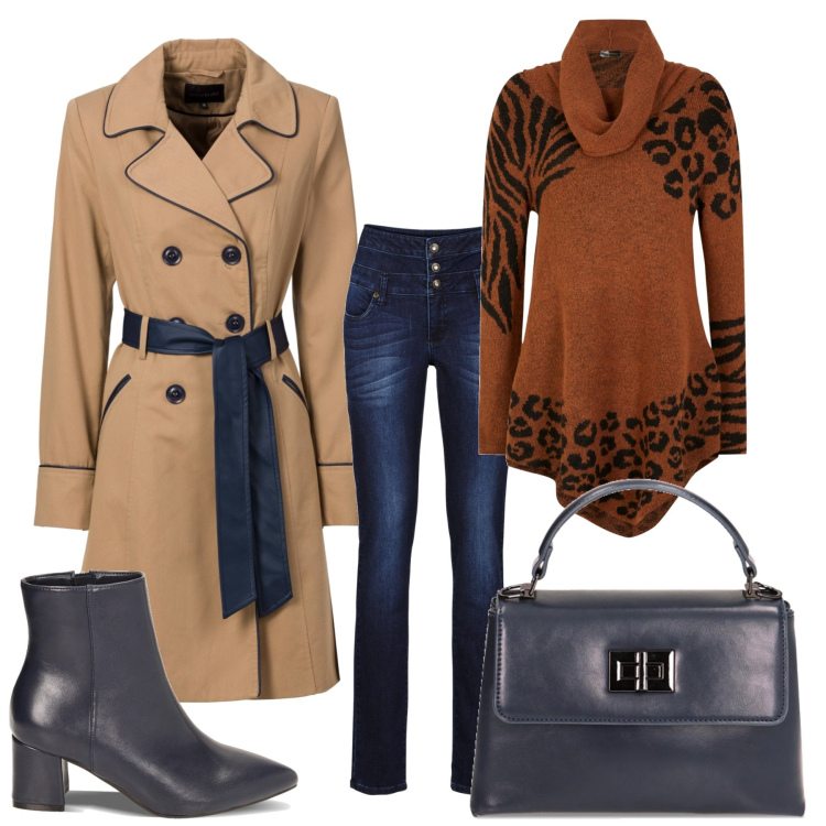 Outfit donna - Il cappotto con cintura a contrasto. Stile Chic per Ufficio. Abbinamento con trench, jeans skinny, maglieria, borse a mano, stivaletti.