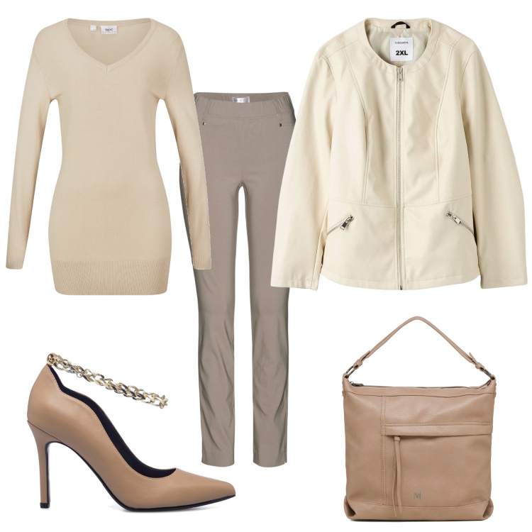 Outfit donna - Colori neutri per le feste. Stile Casual chic per Ufficio. Abbinamento con pantaloni, maglieria, blazer, décolleté, borse a tracolla.