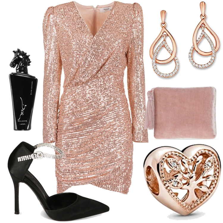 Outfit donna - A capodanno. Stile Glamour per Serata fuori. Abbinamento con profumi, vestiti corti, décolleté, braccialetti, pochette, orecchini.